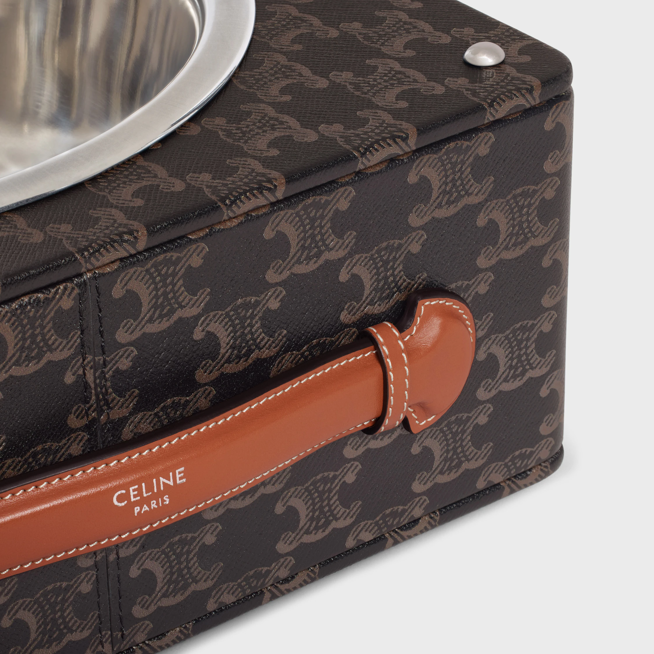 Bol unique pour chien en cuir Nappa avec impression Triomphe sur toile et garniture en cuir de veau