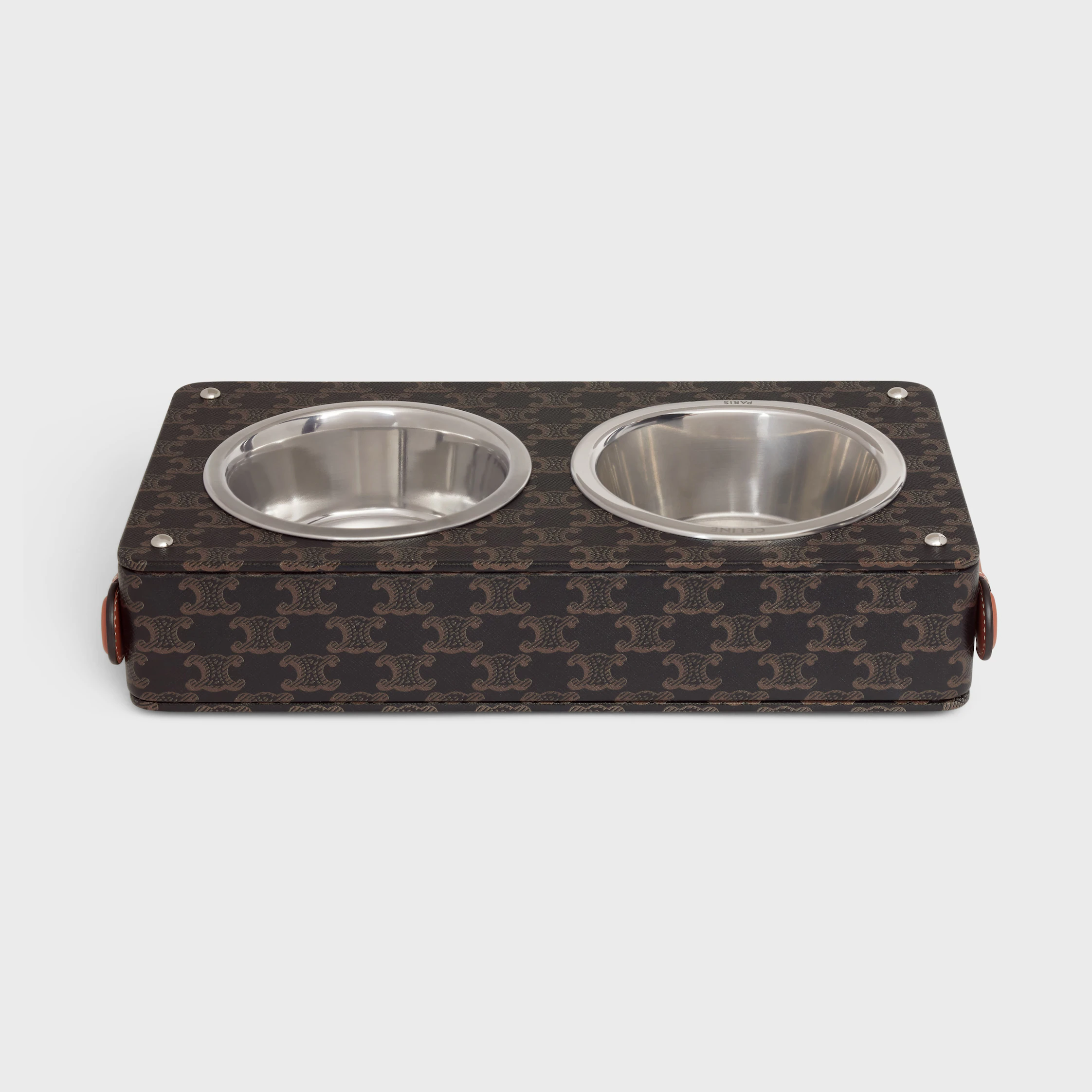 Bol à Chien Double en Peau de Mouton Nappa avec Impression Triomphe Canvas et Peau de Veau