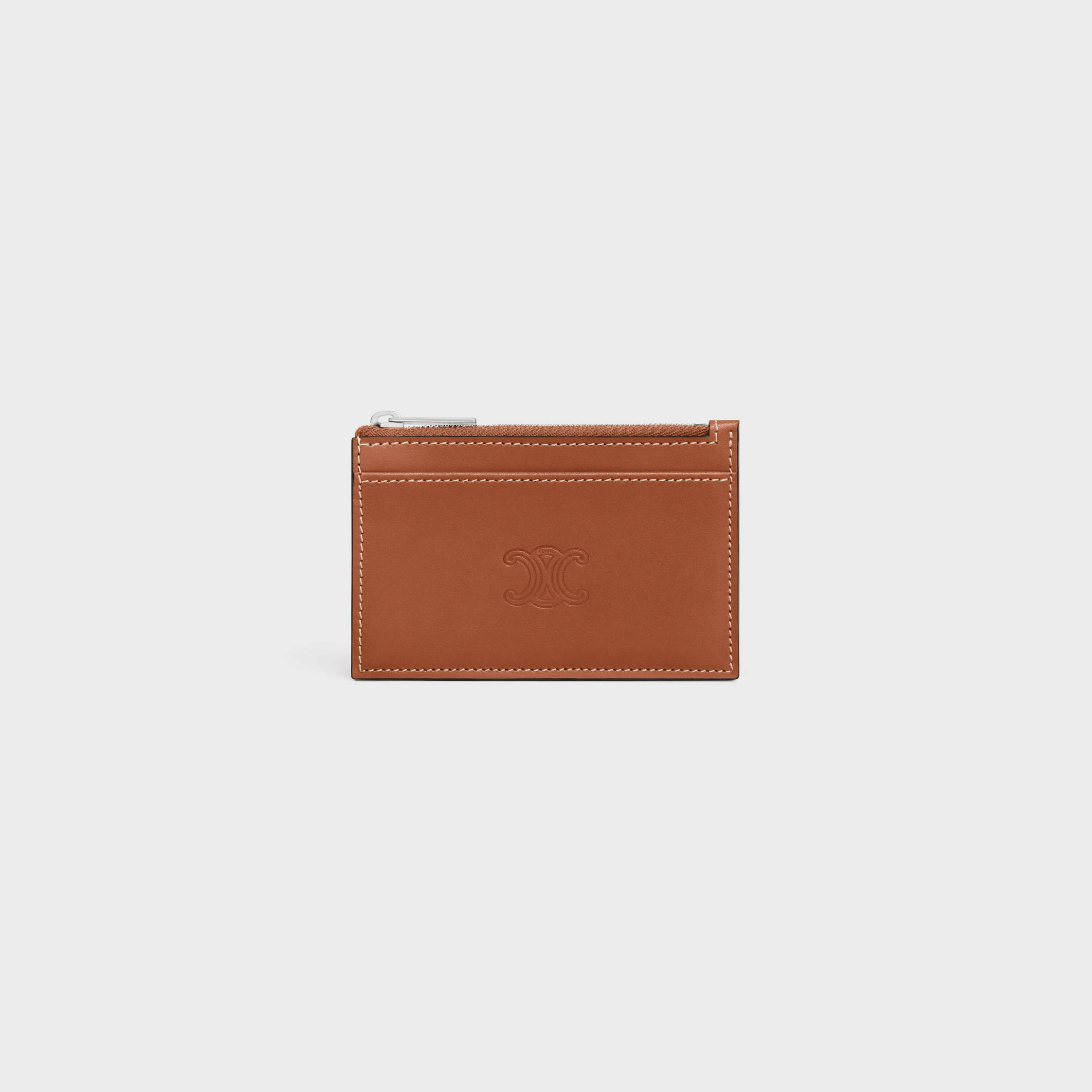 Porte-cartes zippé en cuir de veau naturel avec motif triomphe gravé