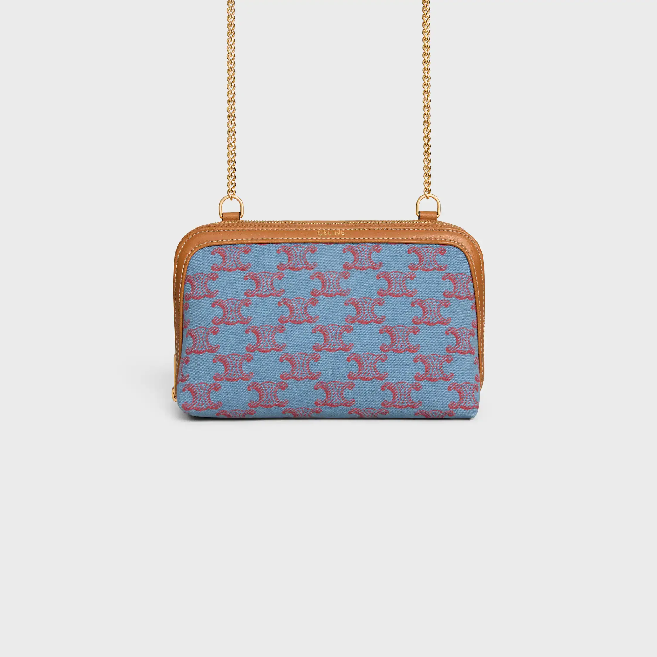Sac à main en chaîne en tissu avec motif TRIOMPHE partout et cuir de veau naturel
