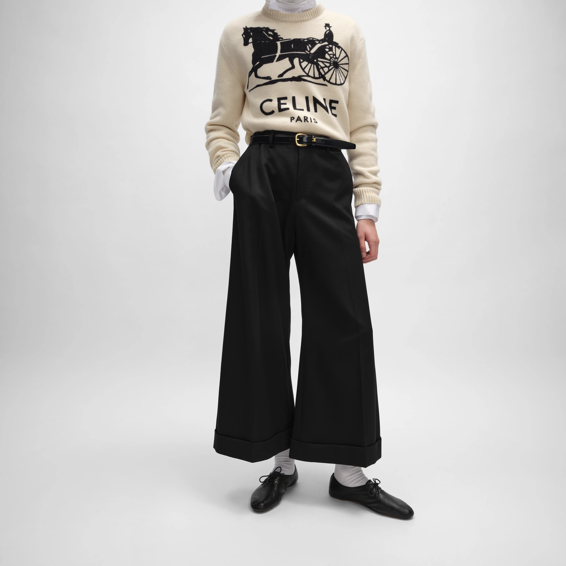 pantalon à revers en gabardine de laine et mohair