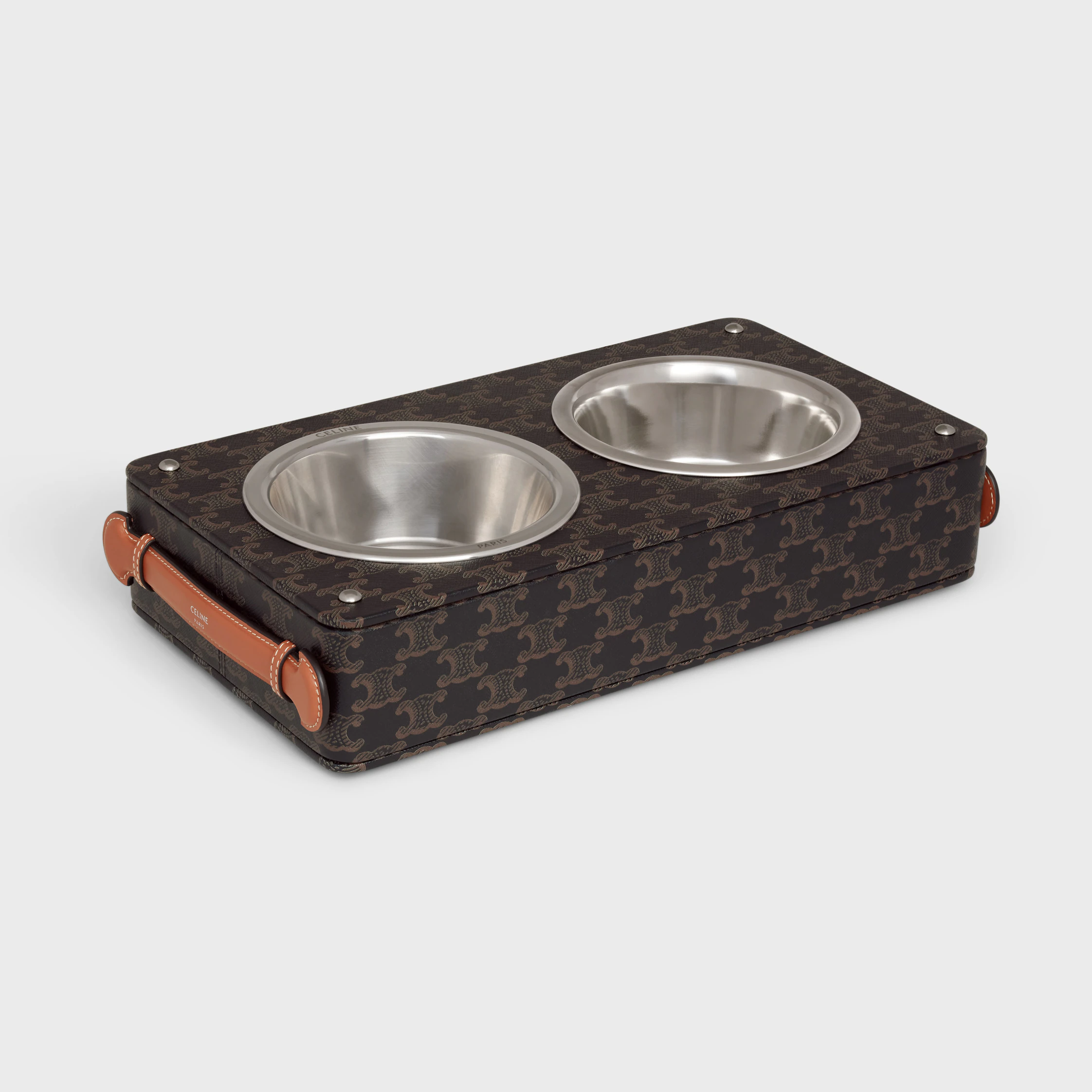 Bol à Chien Double en Peau de Mouton Nappa avec Impression Triomphe Canvas et Peau de Veau