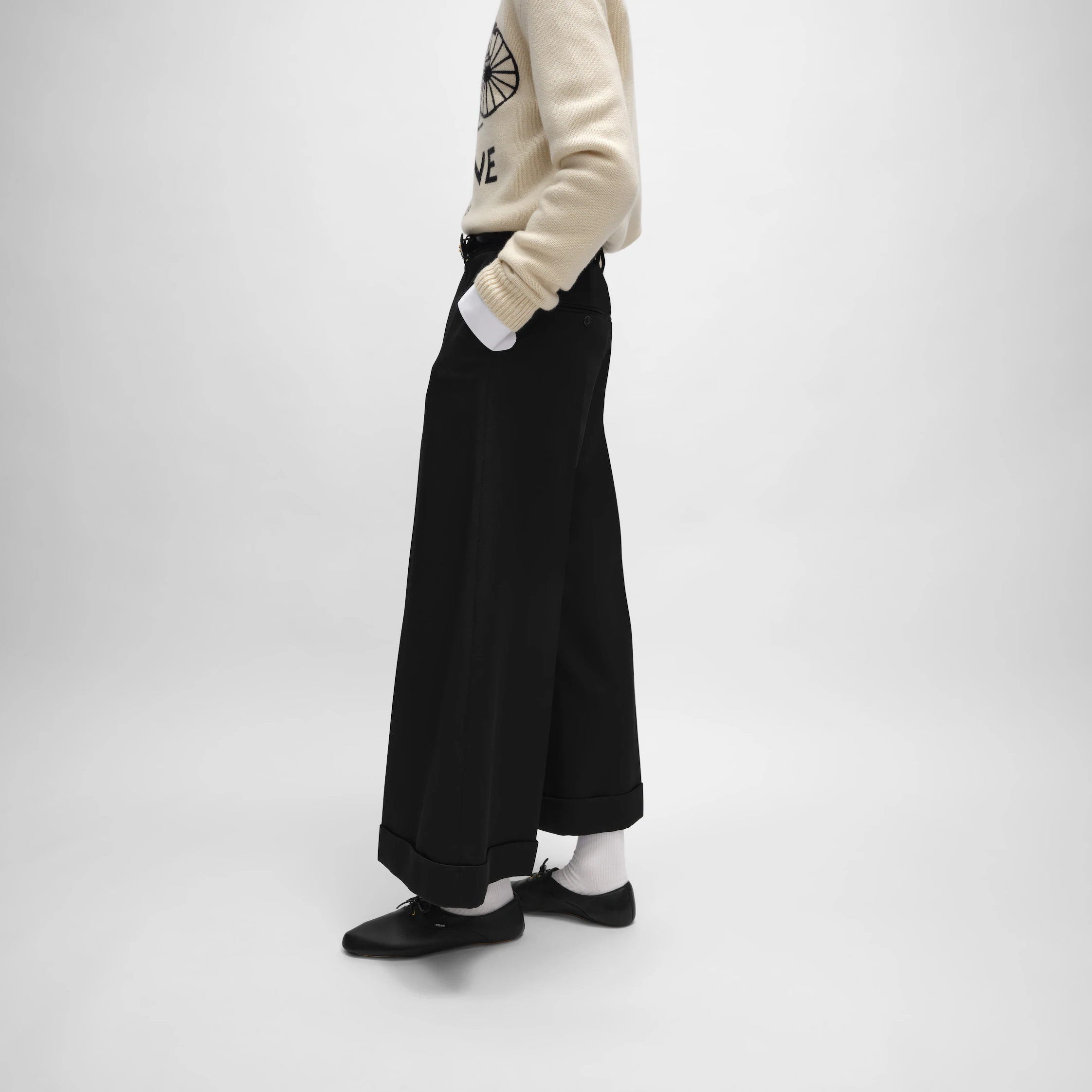 pantalon à revers en gabardine de laine et mohair